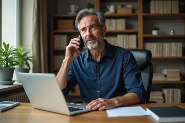 Homme au bureau téléphonant au 1064 pour contacter le service client Bouygues Telecom