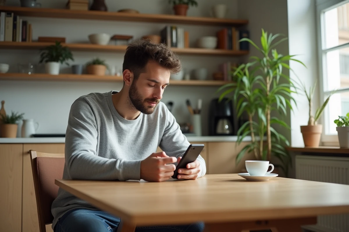 Homme décontracté lisant message sur smartphone à la maison