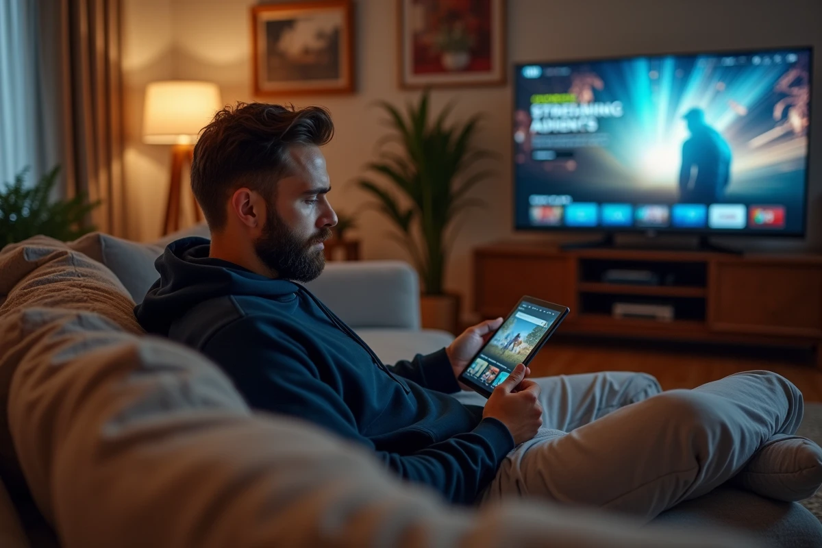 Homme détendu sur un canapé regardant une tablette