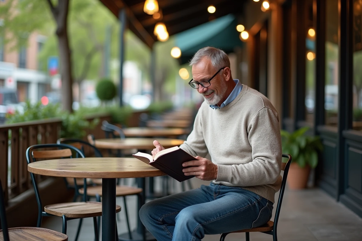Homme mature lisant un livre de finance dans un café urbain en extérieur