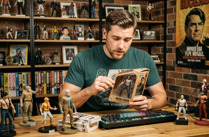 Homme geek passionné examinant une figurine de collection dans un bureau décoré de manga et de pop culture