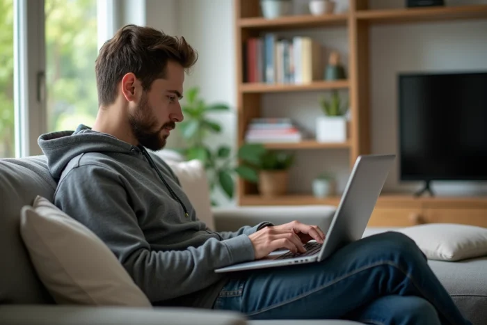 Homme assis sur un canapé lisant des astuces streaming