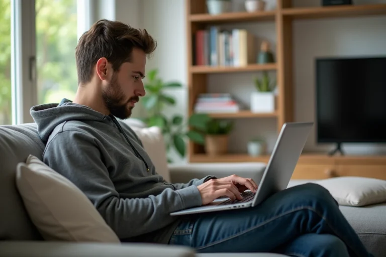 Homme assis sur un canapé lisant des astuces streaming