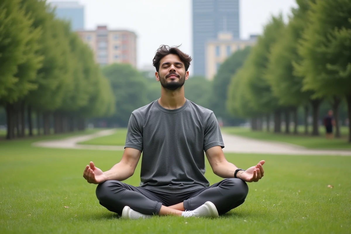 Jeune homme méditant dans un parc urbain calme