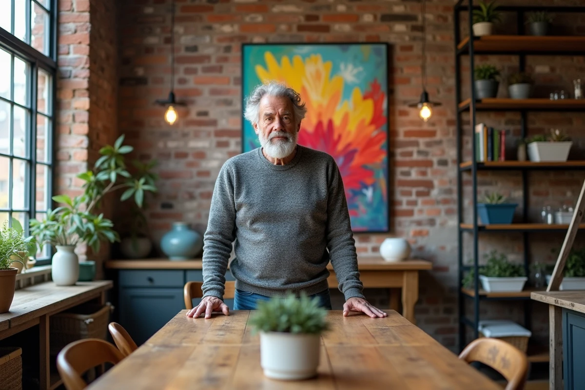 Homme accrochant une peinture abstraite au mur