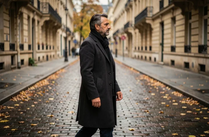 Homme en manteau sombre marchant seul dans une rue pavée parisienne en automne, évoquant discrétion et vie privée