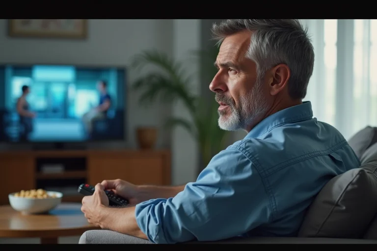 Homme d'âge moyen regardant la télévision avec frustration