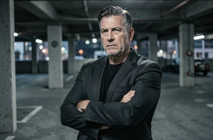 Portrait d'un homme dur et déterminé dans un parking urbain, évoquant l'univers sombre de la série Ray Donovan
