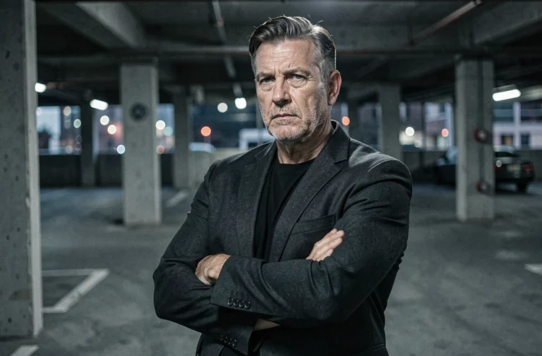 Portrait d'un homme dur et déterminé dans un parking urbain, évoquant l'univers sombre de la série Ray Donovan