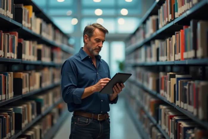 Homme consultant une tablette numérique dans une bibliothèque publique moderne pour effectuer des recherches en ligne