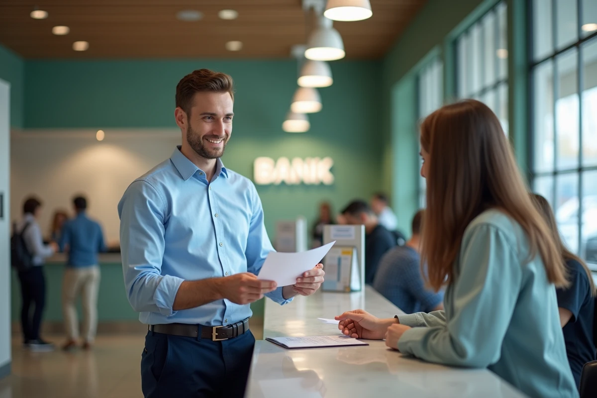 Jeune homme remettant des papiers à un guichet de banque