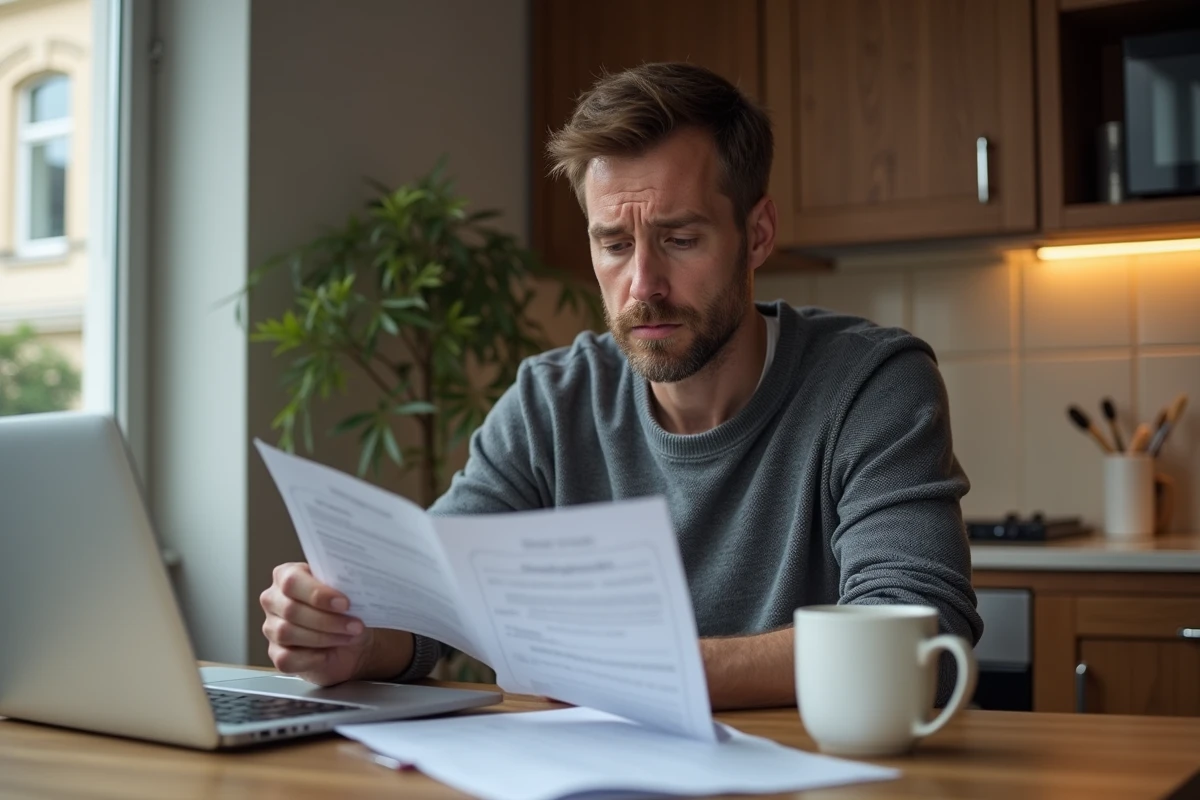 Homme au domicile analysant documents et certificat médical