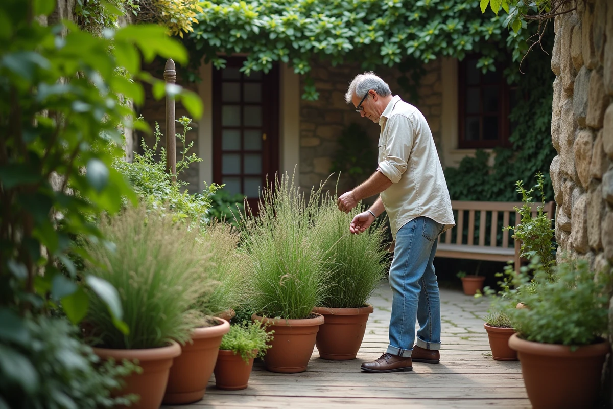 Homme arrangeant des pots de plantes dans une cour urbaine