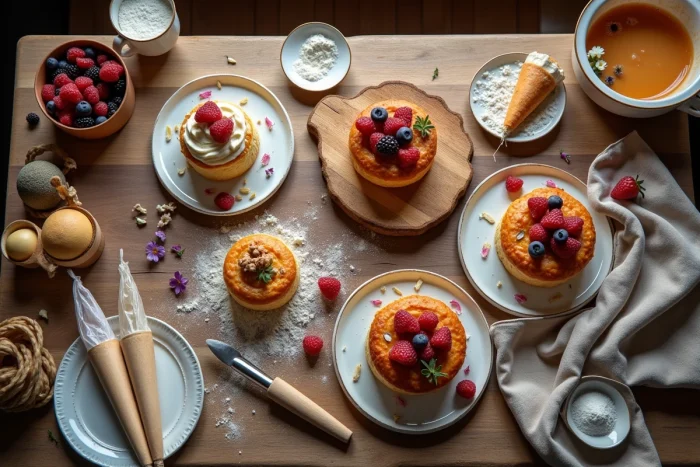 Vue aérienne d'une table de cuisine en bois couverte de gâteaux faits maison décorés et d'outils de pâtisserie créatifs