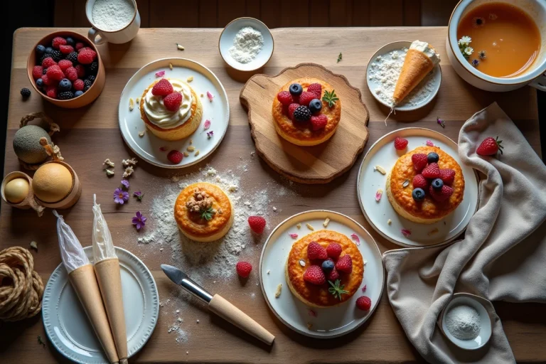 Vue aérienne d'une table de cuisine en bois couverte de gâteaux faits maison décorés et d'outils de pâtisserie créatifs