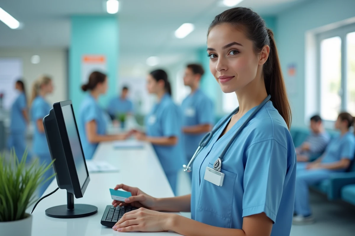 Infirmière en blouse bleue utilisant une carte d