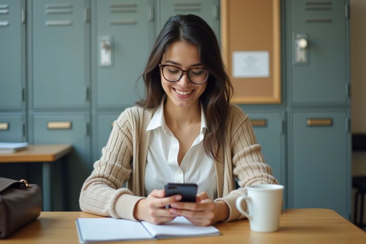 Jeune enseignante utilisant son smartphone dans une salle de personnel