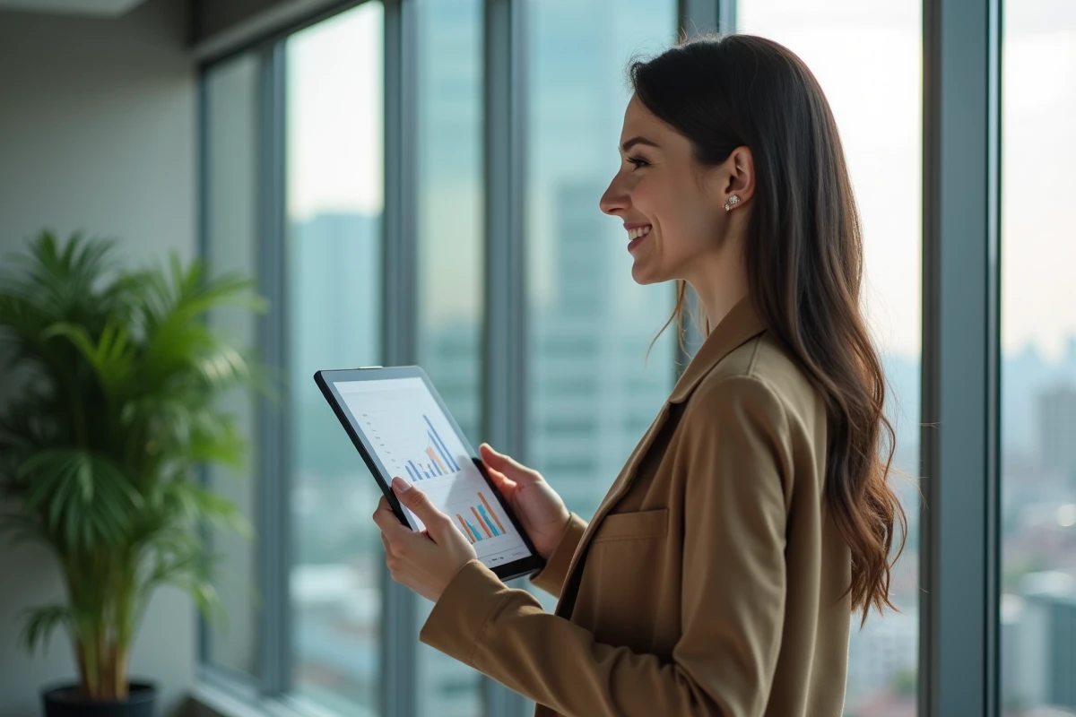 Jeune femme entrepreneure présentant des graphiques sur une tablette