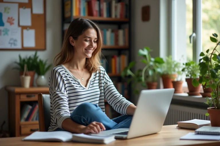 Jeune femme souriante dans son bureau à domicile en train de naviguer sur un blog