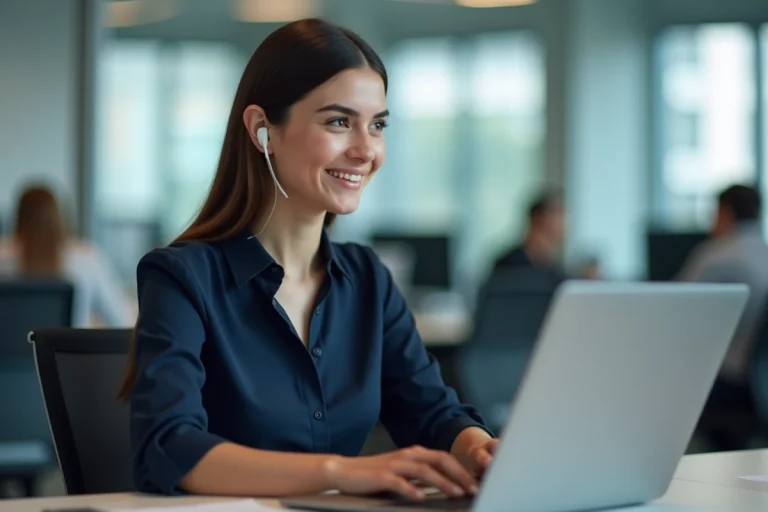 Jeune femme professionnelle au bureau avec écouteurs discrets