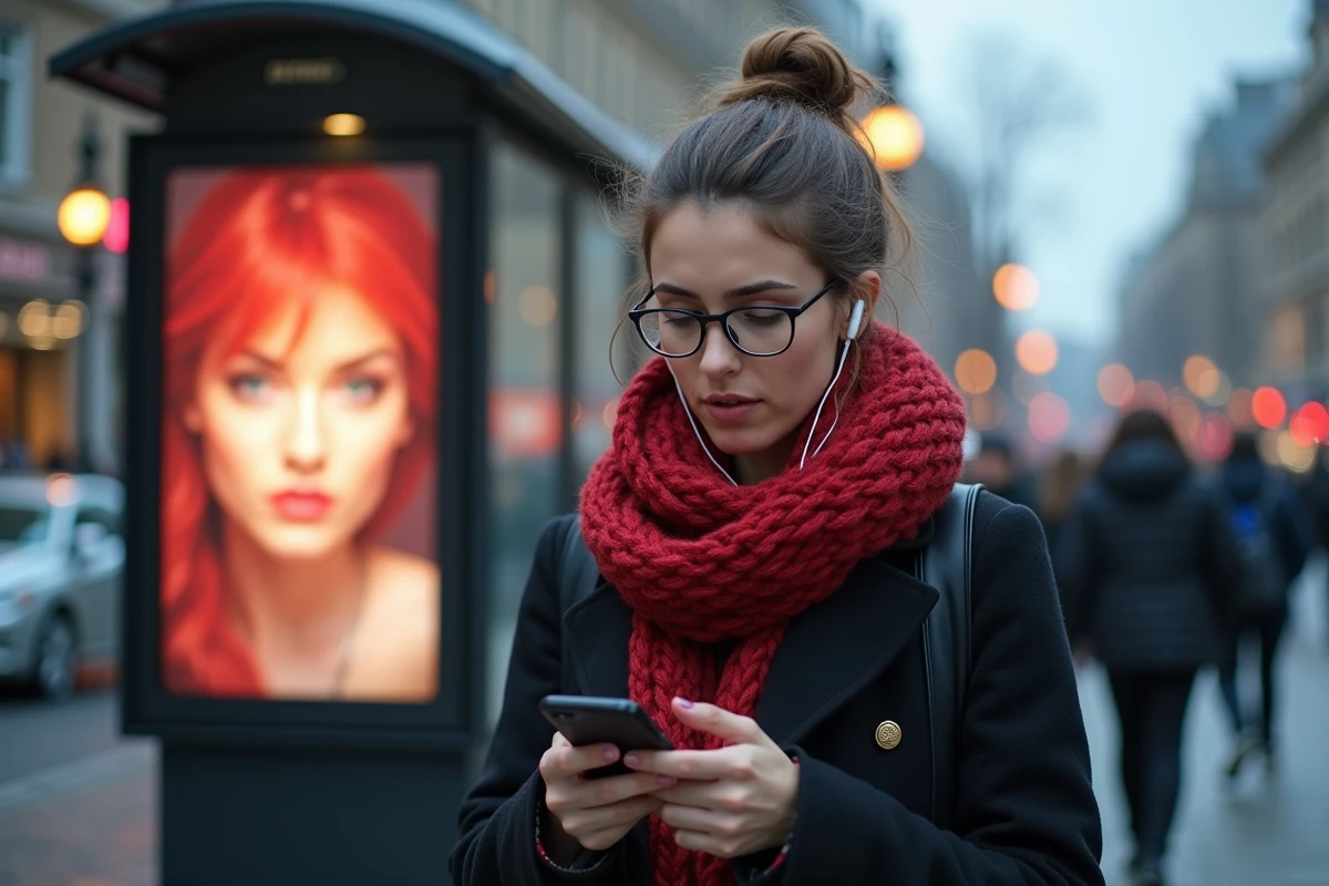 Jeune femme attendant au bus avec publicité en arrière-plan