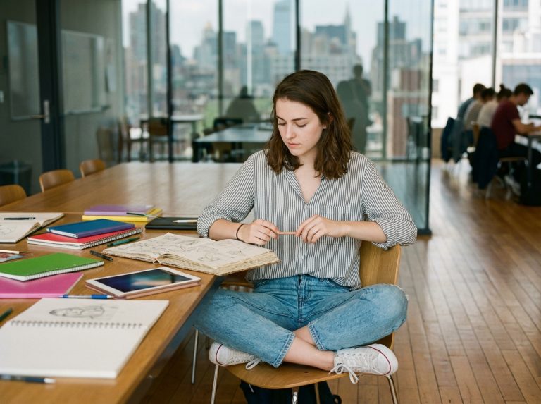Jeune femme pensif assise à une table avec carnets et tablette