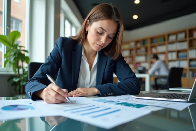 Jeune femme d'affaires analysant des graphiques marketing