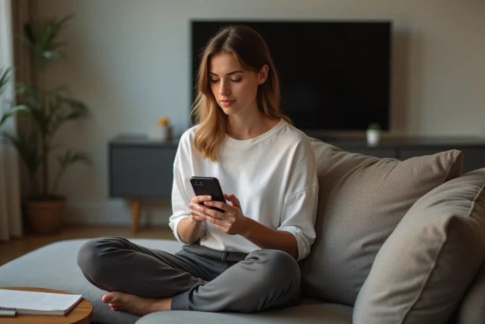 Jeune femme naviguant sur internet depuis son smartphone confortablement installée dans son salon