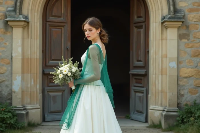 Jeune mariée en robe blanche devant une porte ancienne