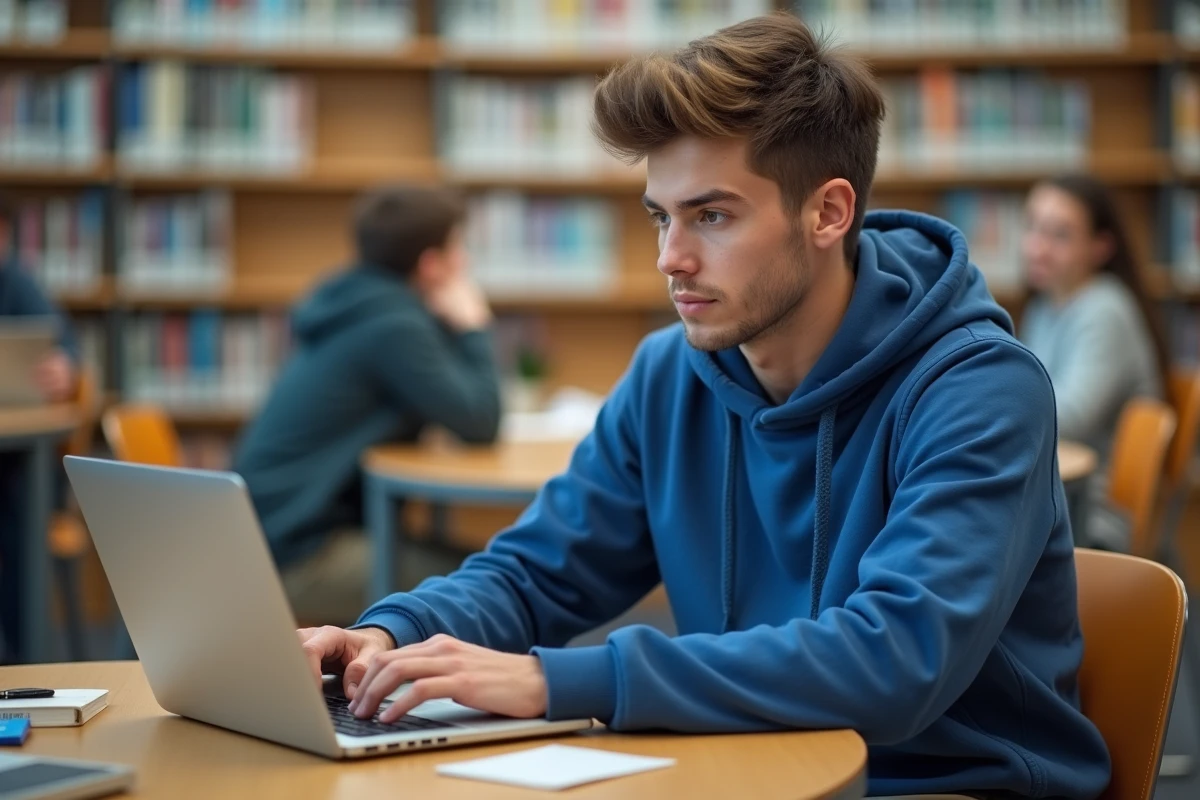 Jeune homme étudiant à la bibliothèque avec son portable