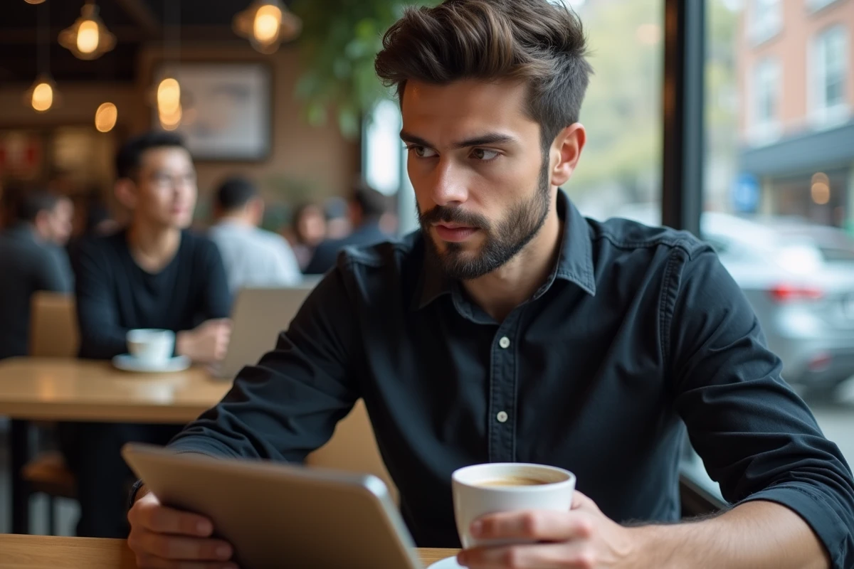 Jeune homme surpris utilisant une tablette dans un café animé