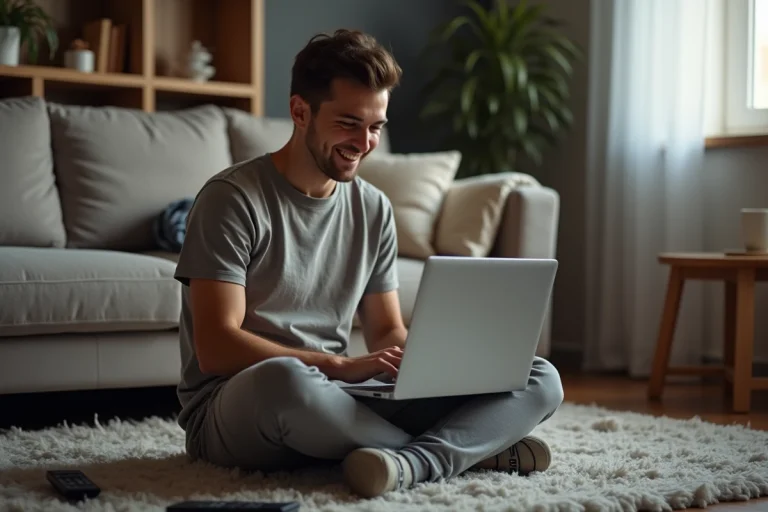Jeune homme concentré sur son ordinateur portable dans un salon cosy