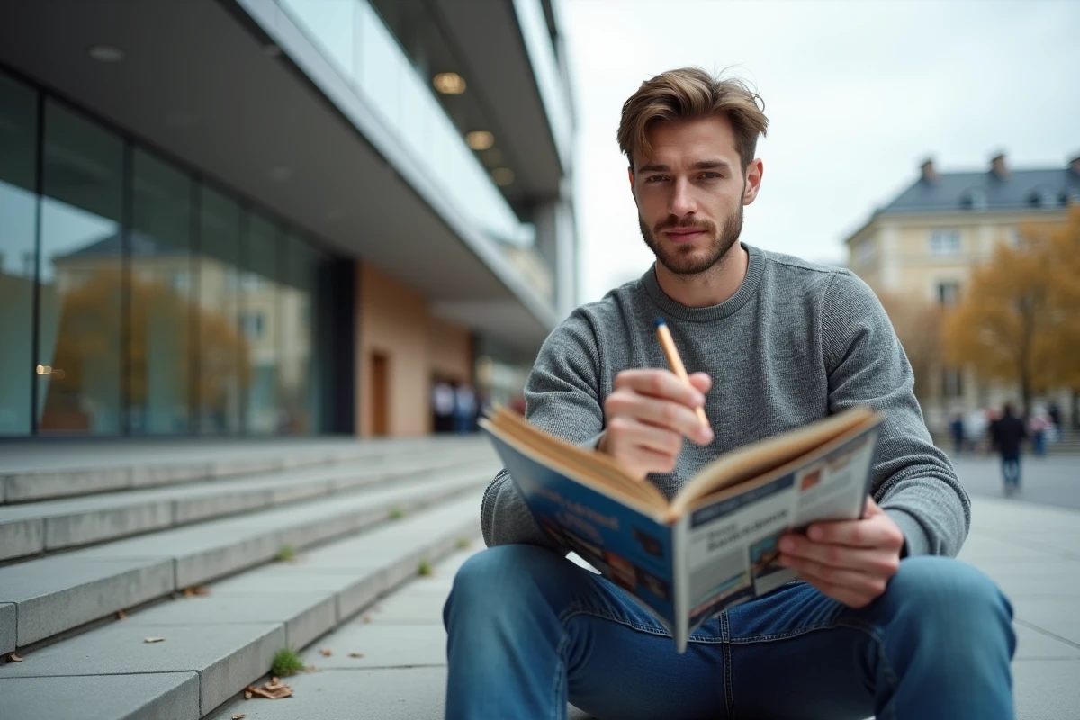 Jeune homme dans une bibliothèque urbaine en train de prendre des notes