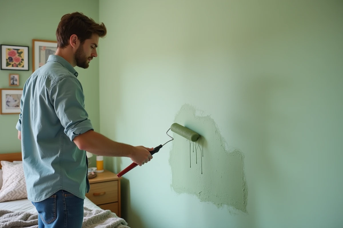 Jeune homme peignant un mur de chambre avec un rouleau