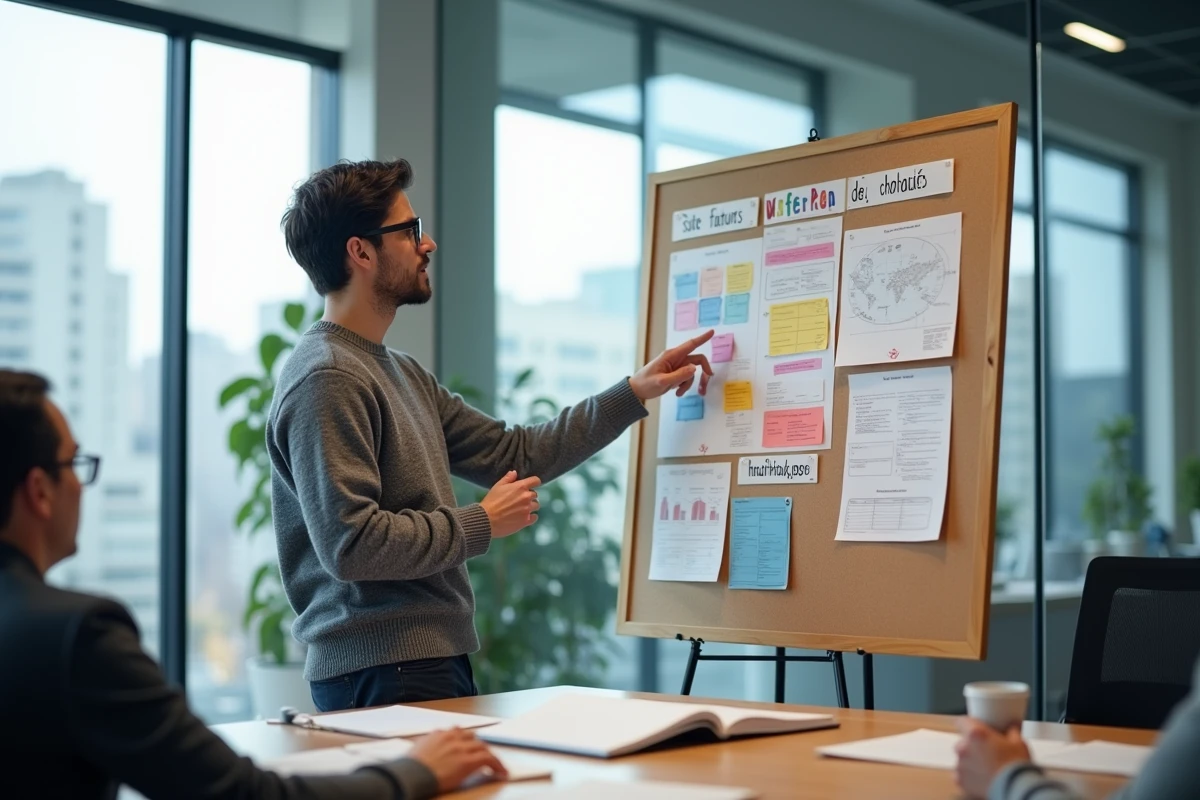 Jeune homme expliquant un diagramme sur un tableau d