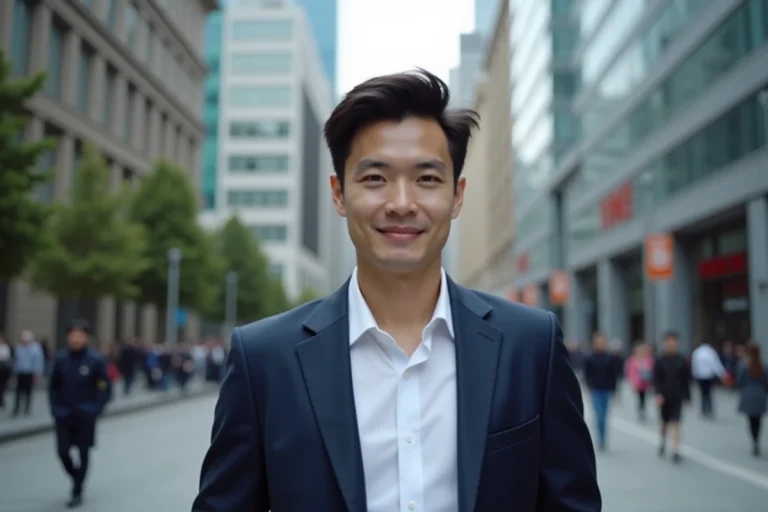 Jeune homme en blazer dans une ville dynamique
