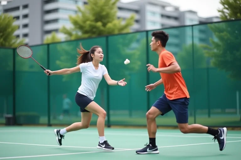 Deux jeunes adultes jouent au badminton en extérieur dans un parc