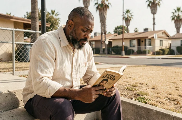 Homme lisant une biographie de Tupac assis sur un perron à Compton, Los Angeles, quartier emblématique du rappeur