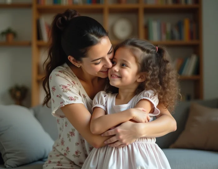 Marraine et filleule s'embrassant tendrement dans un salon chaleureux, illustrant le lien affectif d'une marraine pour sa filleule
