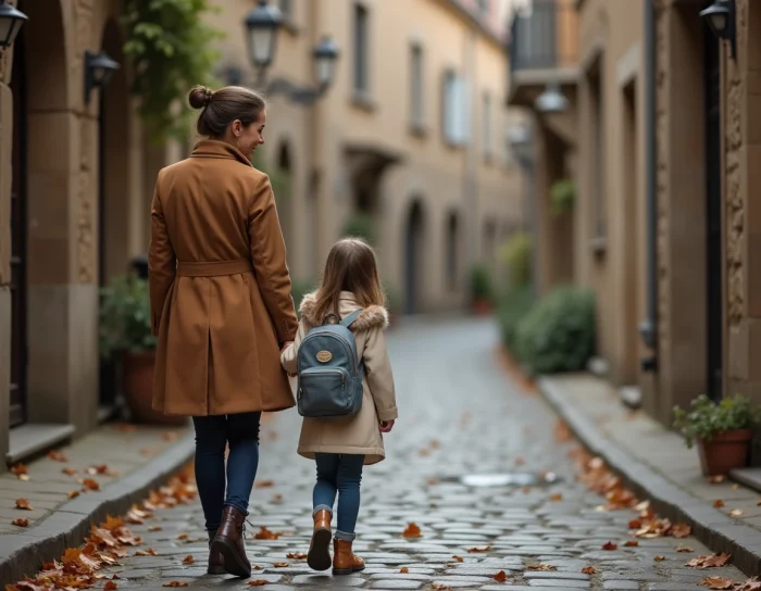 Marraine et filleule se promenant main dans la main sur une rue pavée en automne, évoquant le lien unique et précieux entre elles