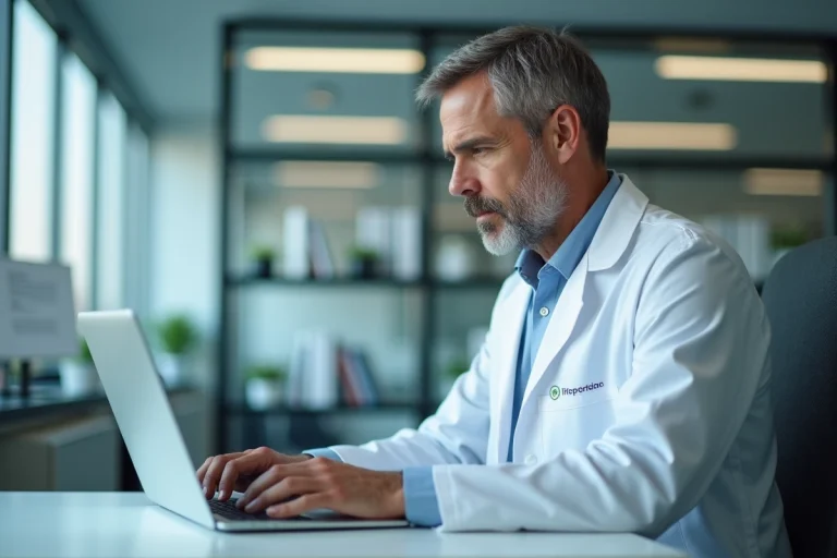 Médecin en blouse blanche utilisant un ordinateur dans un bureau hospitalier