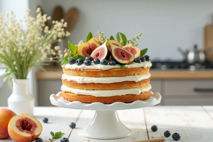 Naked cake aux fruits de saison avec figues, pêches et myrtilles sur un piédestal en céramique blanche