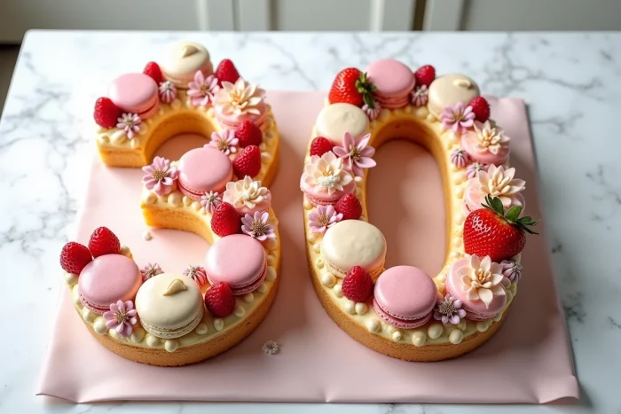 Number cake en pâte sablée en forme de chiffres avec macarons, fraises et fleurs comestibles en décoration