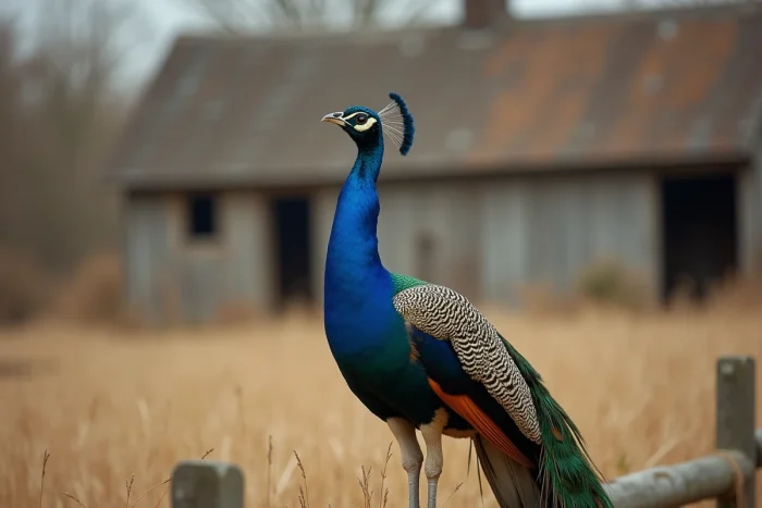 Paon perché sur une clôture en bois poussant son cri caractéristique dans une ferme