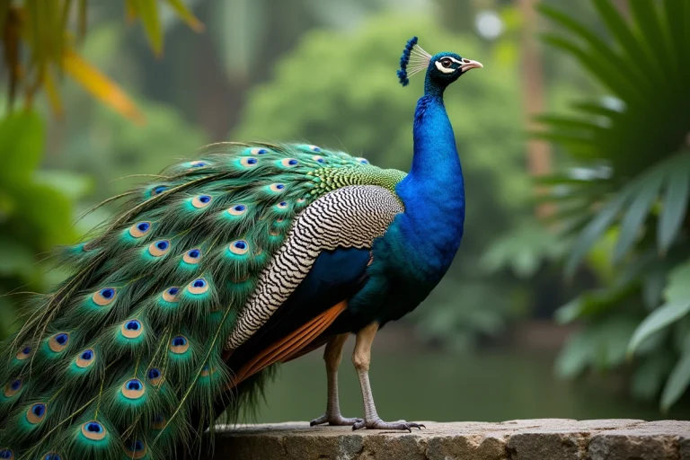 Paon mâle en train de crier avec sa queue déployée dans un jardin botanique