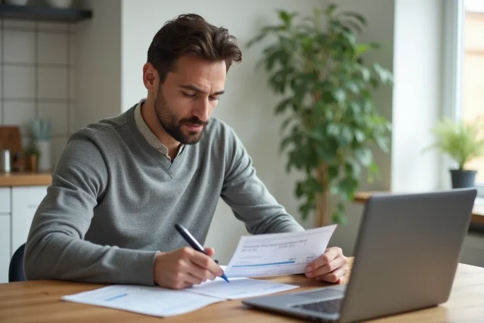 Homme consultant un chèque de banque et son ordinateur portable à la maison pour une démarche bancaire