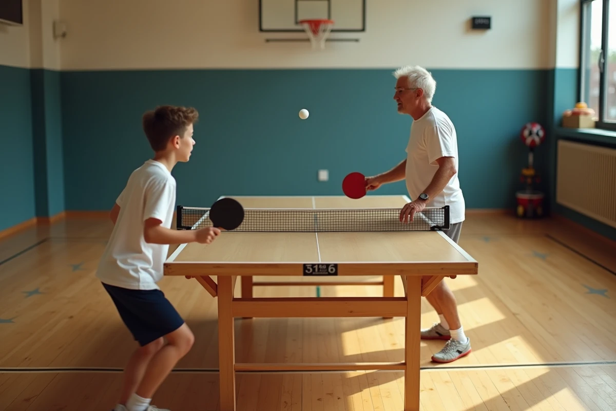 Un adolescent et un homme jouent au tennis de table en intérieur