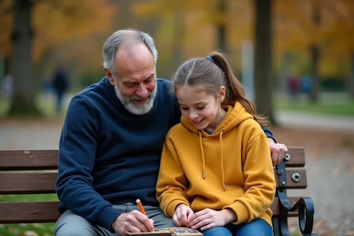 Père et fille adolescente jouant à un jeu de société sur un banc de parc en automne, moment de complicité familiale