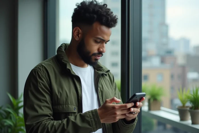 Personne composant le numéro 1064 de Bouygues Telecom sur son smartphone près d'une fenêtre