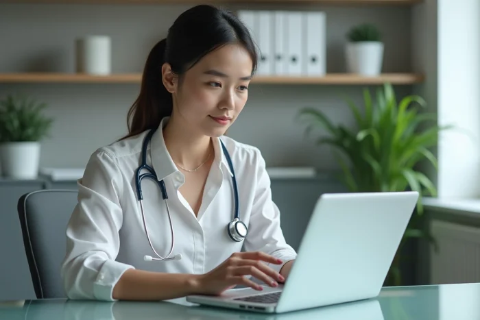 Jeune professionnelle de santé compare ordinateur et tablette